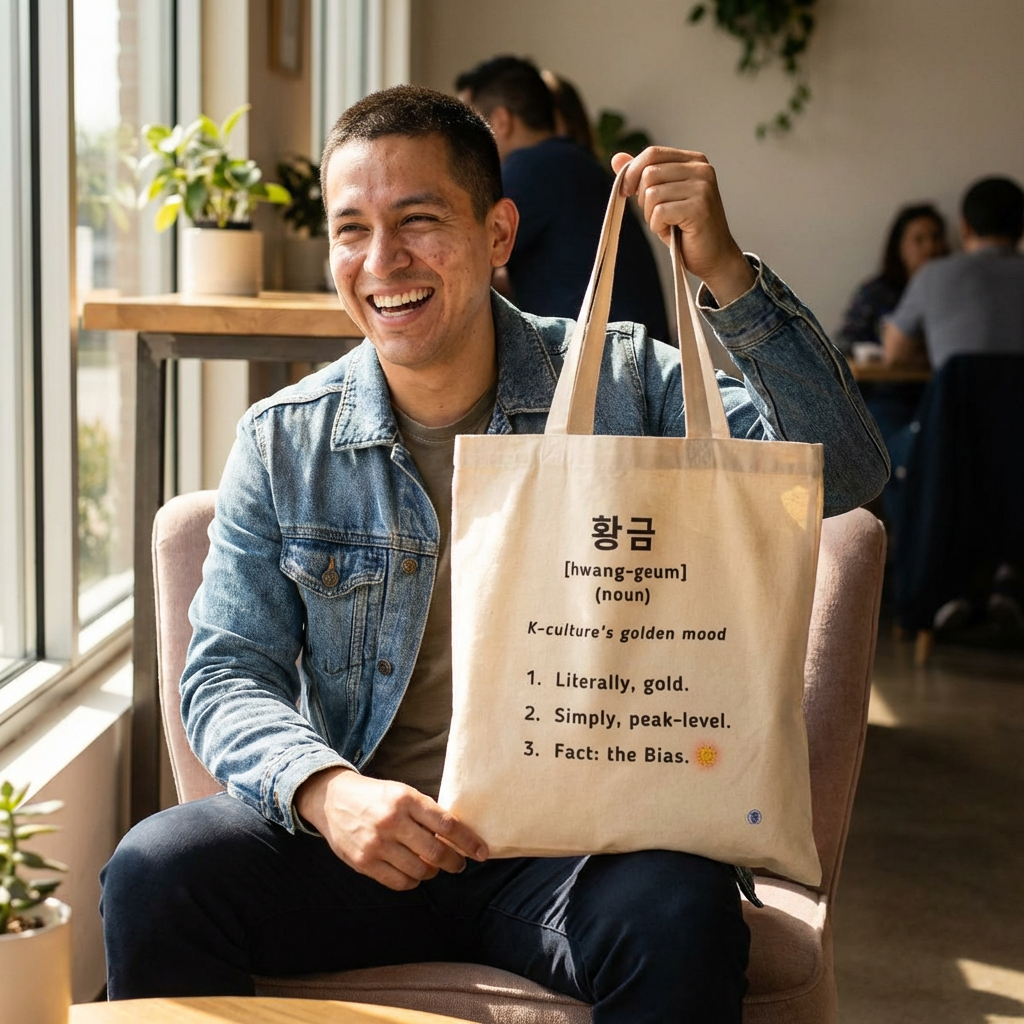 man holding Hwanggeum Korean Hangeul word definition meaning gold or golden on beige canvas tote bag by Kjota