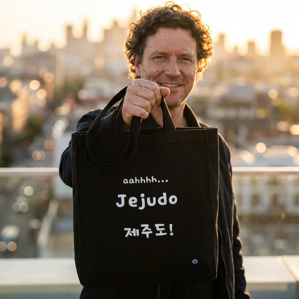 man holding Jeju Island Korea travel 제주도 black canvas tote bag by Kjota