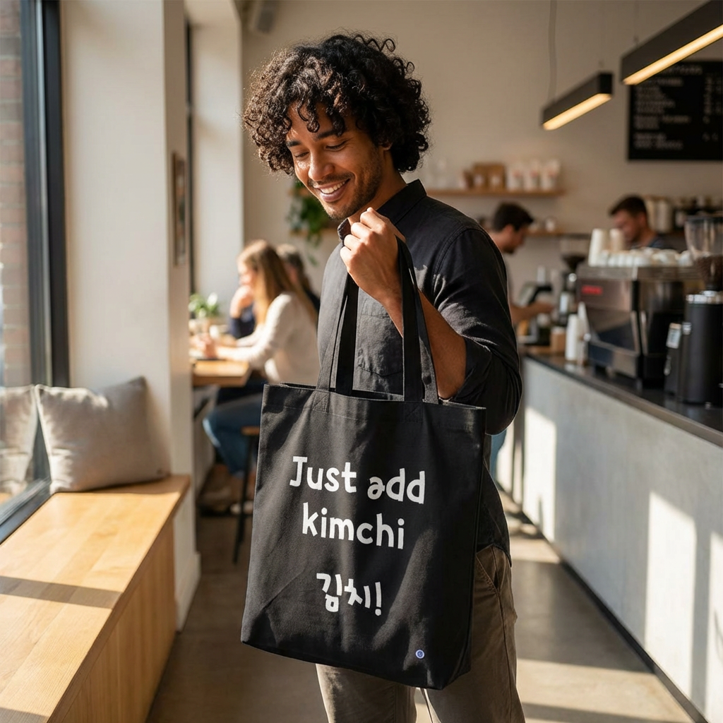 man holding "Just add kimchi 김치!" Korean superfood fan black canvas tote bag by Kjota