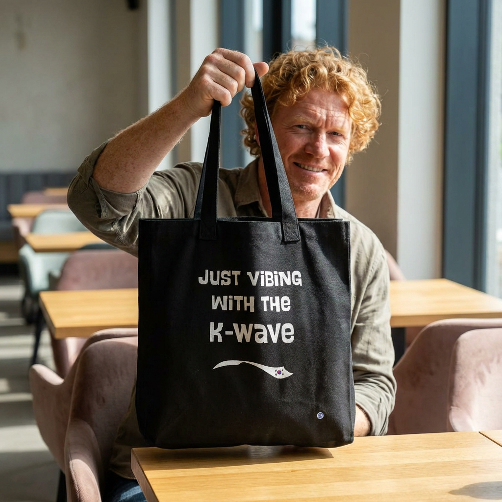 Just vibing with the K-Wave Korean pop culture hallyu fandom man holding black canvas tote bag by Kjota