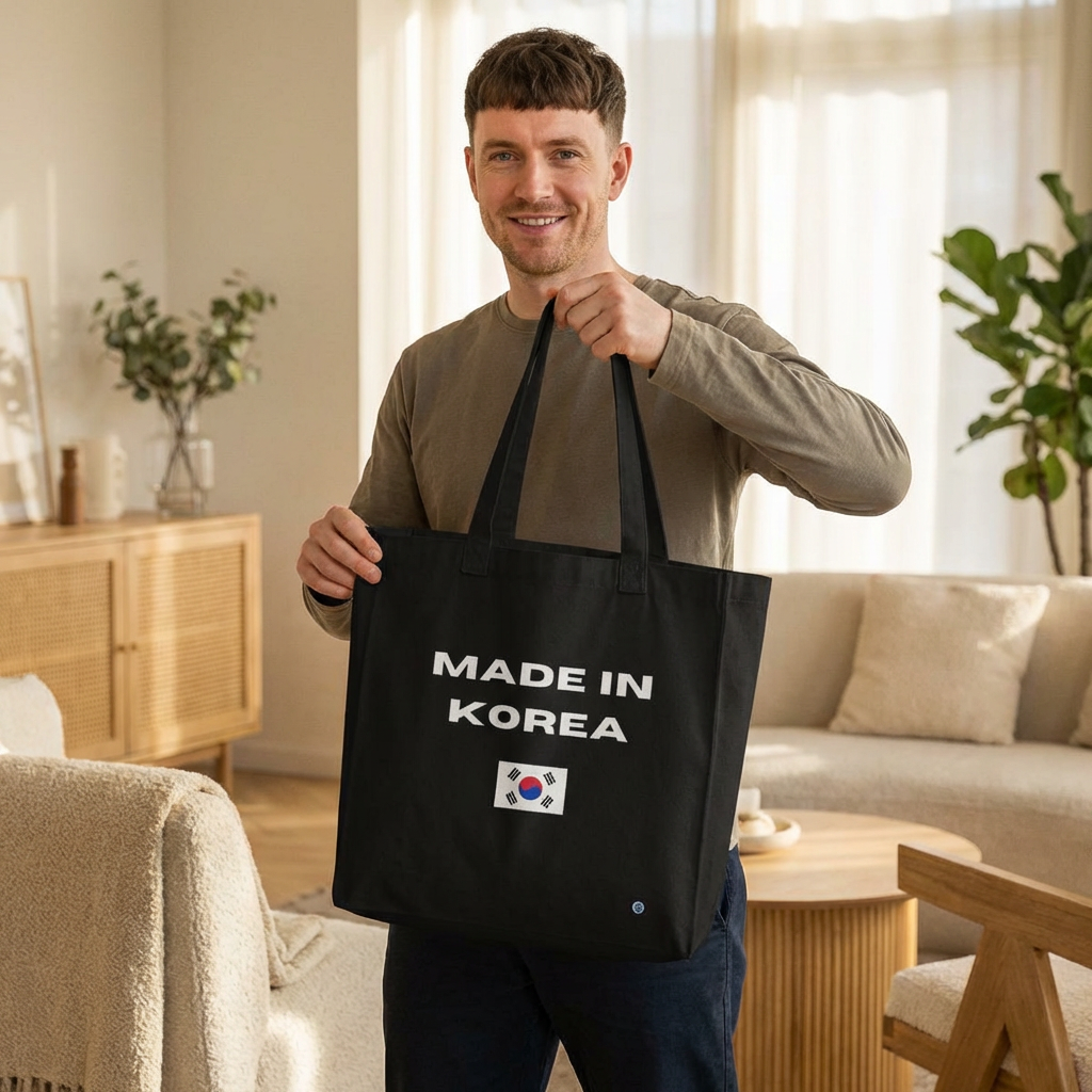 man holding Made in Korea Korean culture pride Hallyu 한류 and travel black canvas tote bag by Kjota
