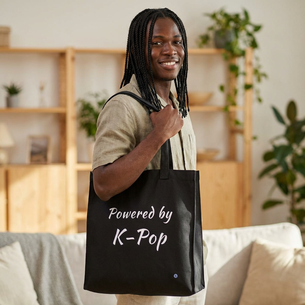 man holding a Powered by K-pop black canvas tote bag for photocard trading events by Kjota