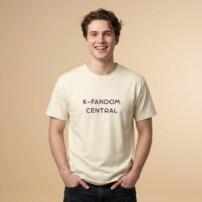 man wearing “K fandom central” Korean wave Hallyu culture fan t-shirt beige by Kjota