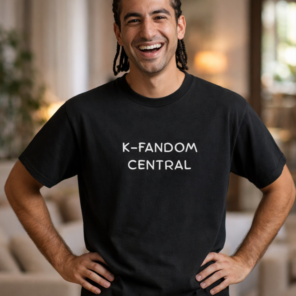 man wearing “K fandom central” Korean wave Hallyu culture fan t-shirt black by Kjota