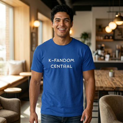 man wearing “K fandom central” Korean wave Hallyu culture fan t-shirt blue by Kjota