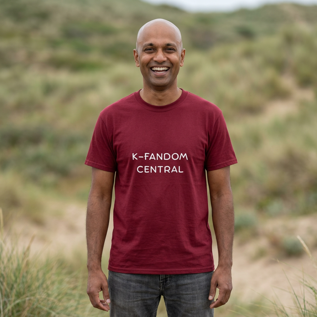 man wearing “K fandom central” Korean wave Hallyu culture fan t-shirt red by Kjota