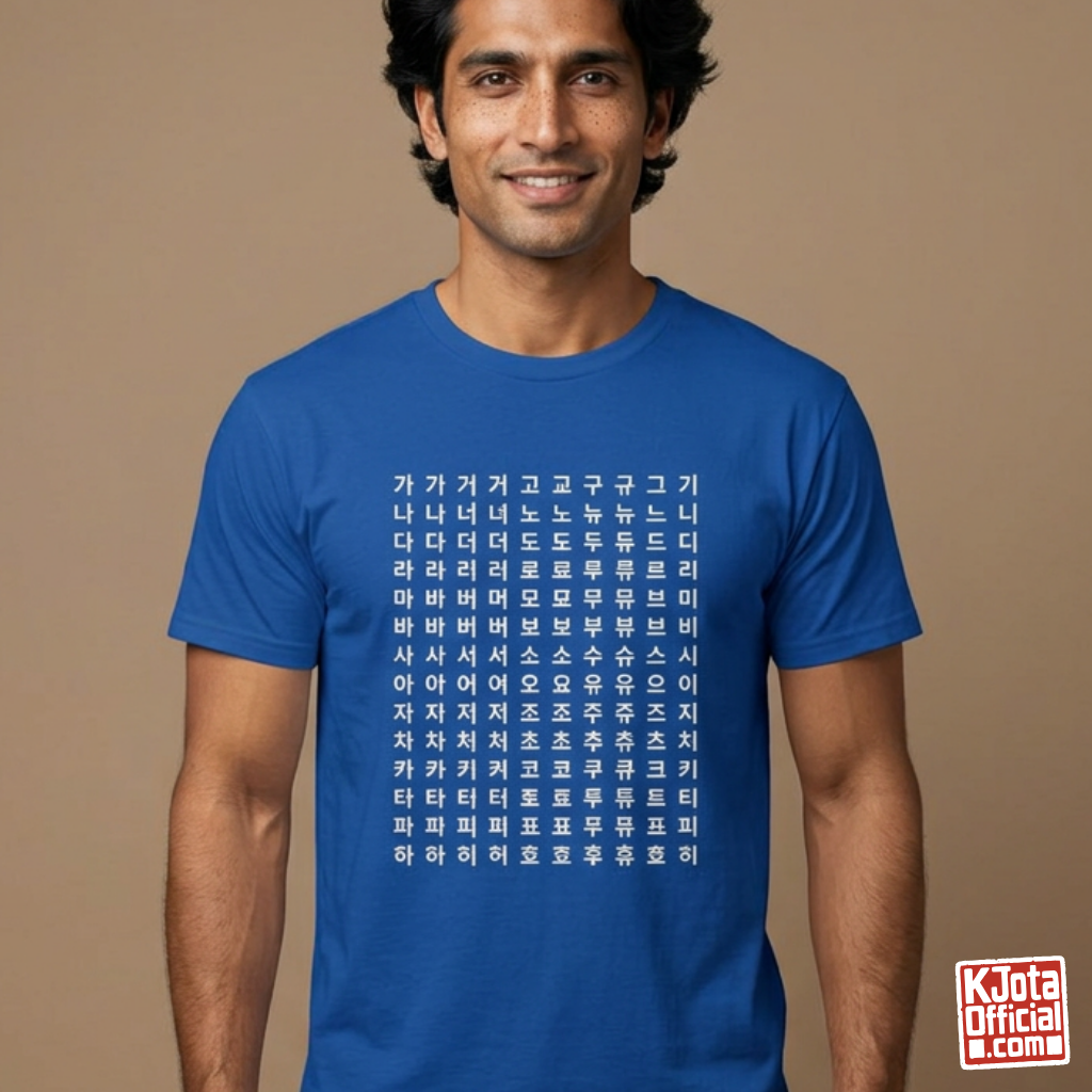 man wearing Hangeul 한글 Alphabet Chart blue t-shirt featuring Korean consonants and vowels by K-Jota