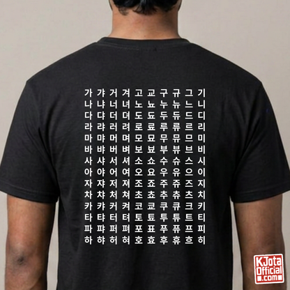 man wearing Hangeul 한글 Alphabet Chart printed on back of black t-shirt featuring Korean consonants and vowels by K-Jota