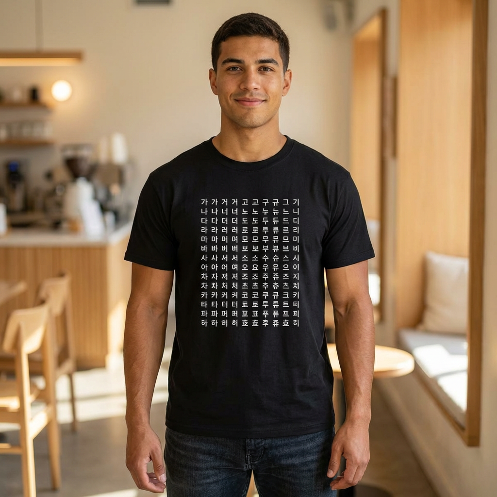 man wearing Hangeul alphabet chart featuring Korean consonants and vowels on black t-shirt by Kjota
