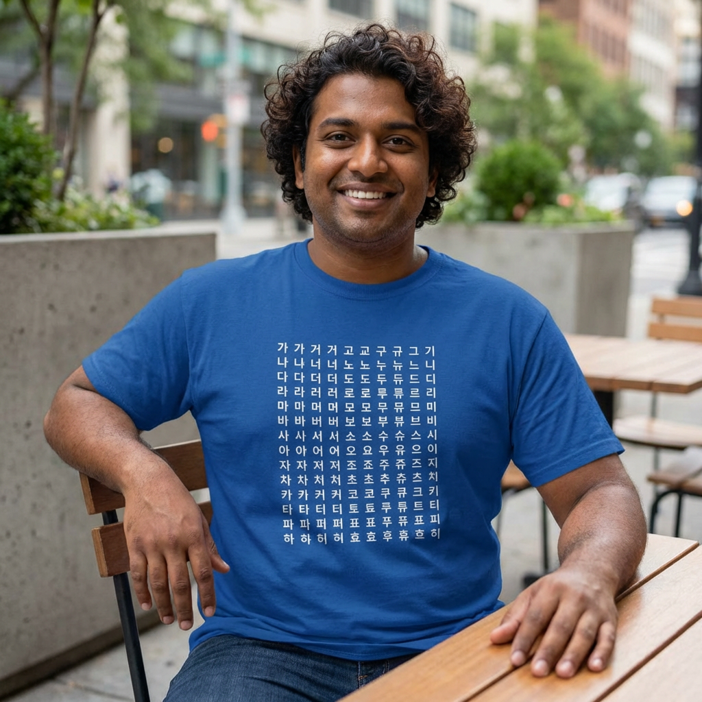 man wearing Hangeul alphabet chart featuring Korean consonants and vowels on blue t-shirt by Kjota