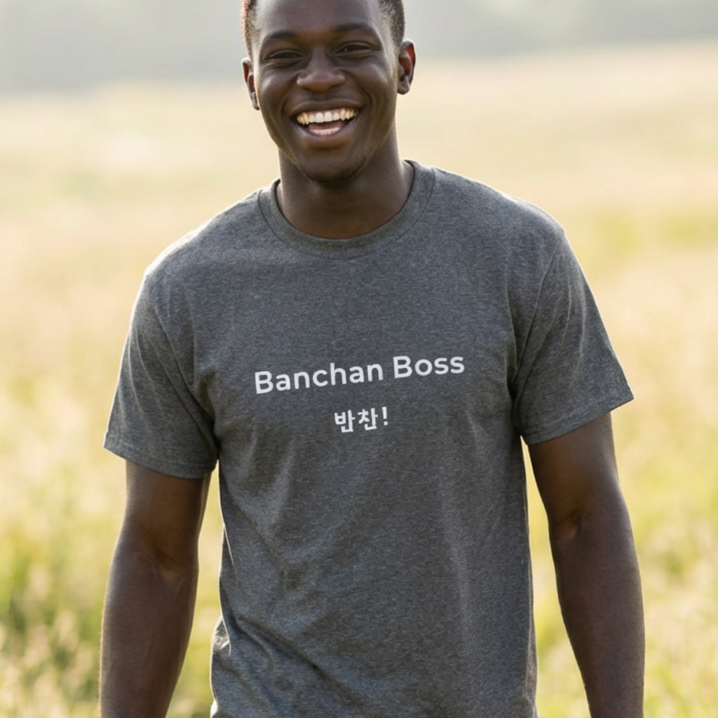 man wearing Banchan Boss Korean food side dishes fan t-shirt gray by K-Jota