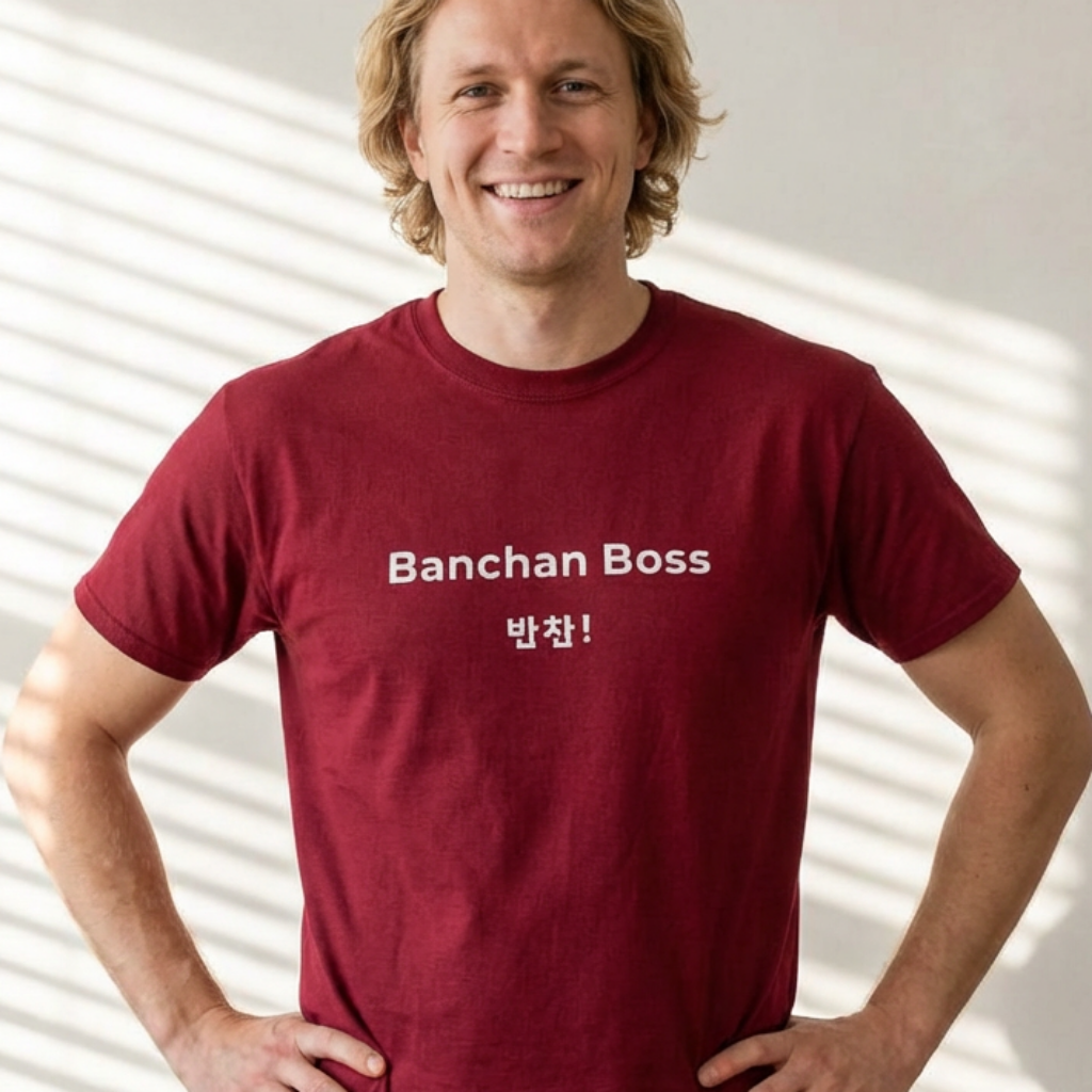 man wearing Banchan Boss Korean food side dishes fan t-shirt red by K-Jota