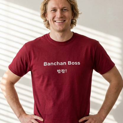 man wearing Banchan Boss Korean food side dishes fan t-shirt red by K-Jota