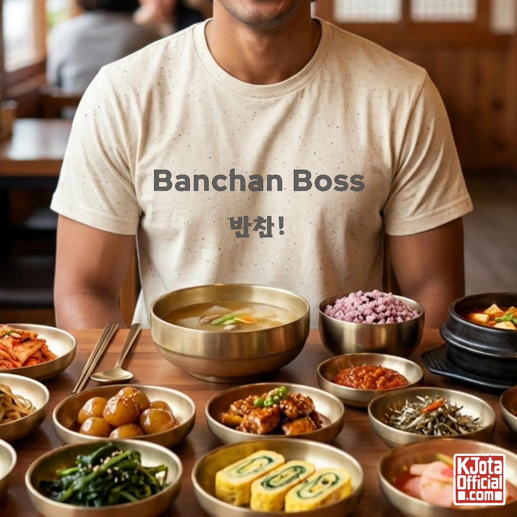man wearing “Banchan Boss 반찬!” Korean side dish foodie beige t-shirt by K-Jota
