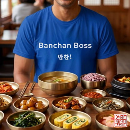 man wearing “Banchan Boss 반찬!” Korean side dish foodie blue t-shirt by K-Jota