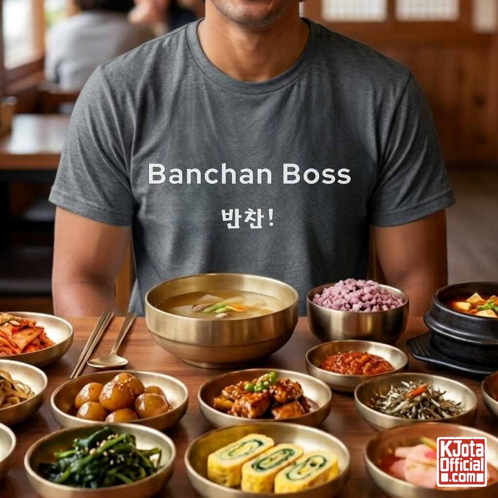 man wearing “Banchan Boss 반찬!” Korean side dish foodie gray t-shirt by K-Jota