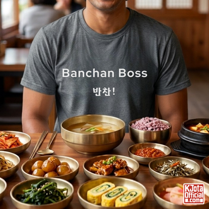 man wearing “Banchan Boss 반찬!” Korean side dish foodie gray t-shirt by K-Jota