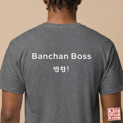 man wearing “Banchan Boss 반찬!” Korean side dish foodie gray t-shirt printed on back by K-Jota