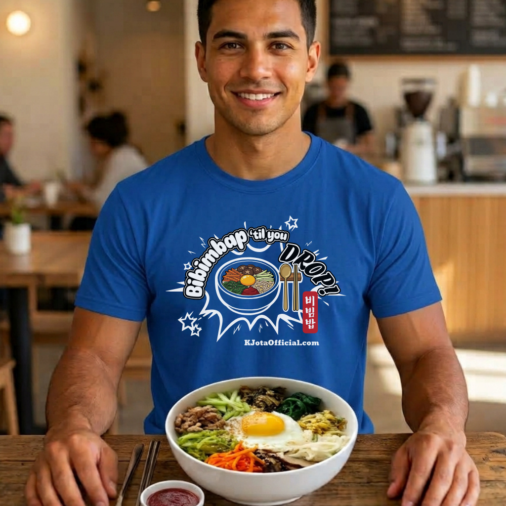 A man wearing a blue t-shirt by K-Jota showing Korean food mixed rice bowl and sitting at a table with a bowl of bibimbap. The graphic features a hand-illustrated bowl of bibimbap with a spoon and chopsticks, and texts “Bibimbap ‘til You Drop 비빔밥” and “KJotaOfficial.com”.