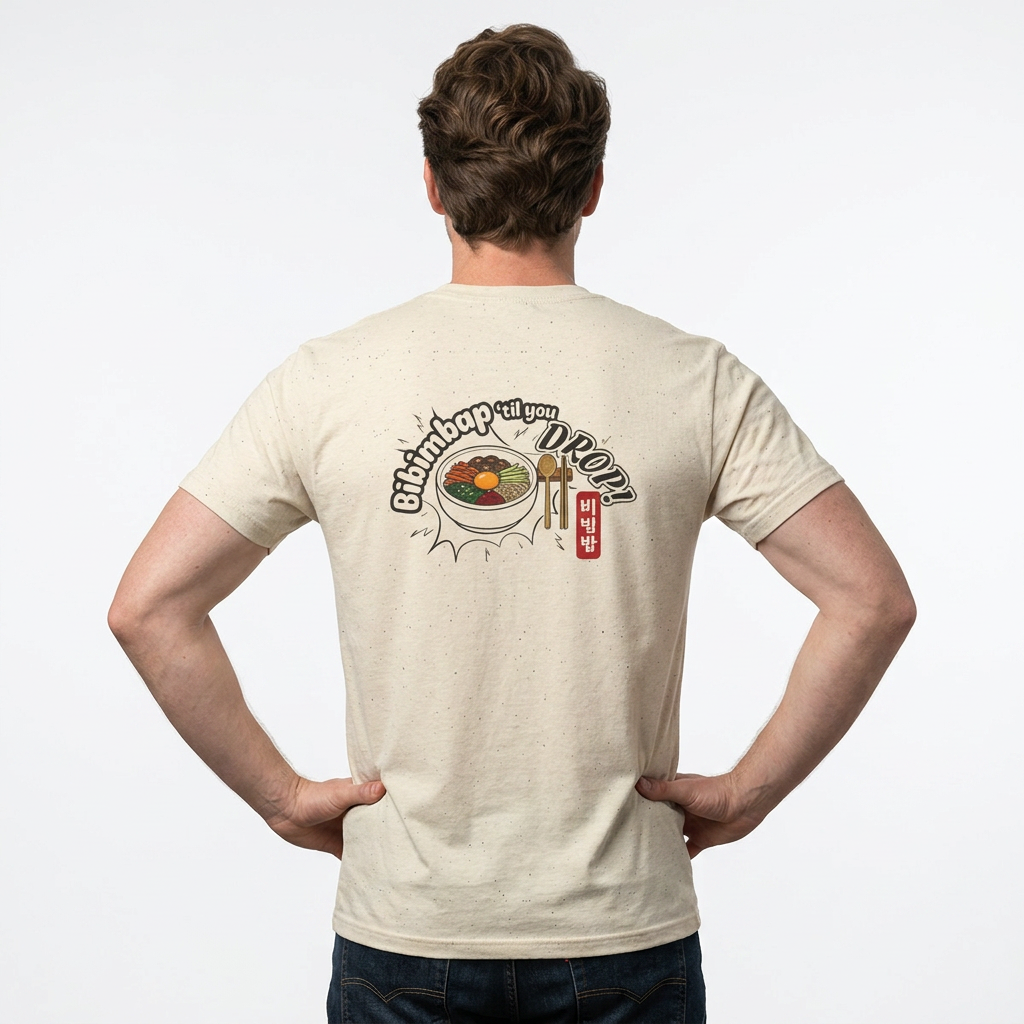 A man viewed from behind wearing a black Korean food fan t-shirt by Kjota with a graphic on the back. The graphic features a bowl of bibimbap with a spoon and chopsticks, and text “Bibimbap ‘til You Drop 비빔밥”