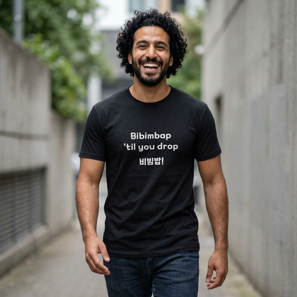 man wearing Bibimbap ‘til you drop Korean mixed rice bowl K-food fan black t-shirt by Kjota