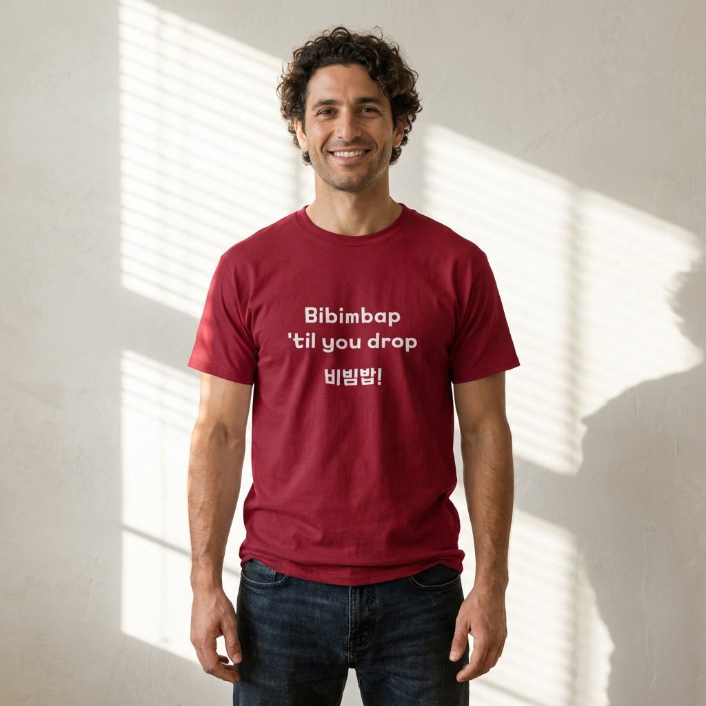 man wearing Bibimbap ‘til you drop Korean mixed rice bowl K-food fan red t-shirt by Kjota