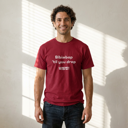 man wearing Bibimbap ‘til you drop Korean mixed rice bowl K-food fan red t-shirt by Kjota