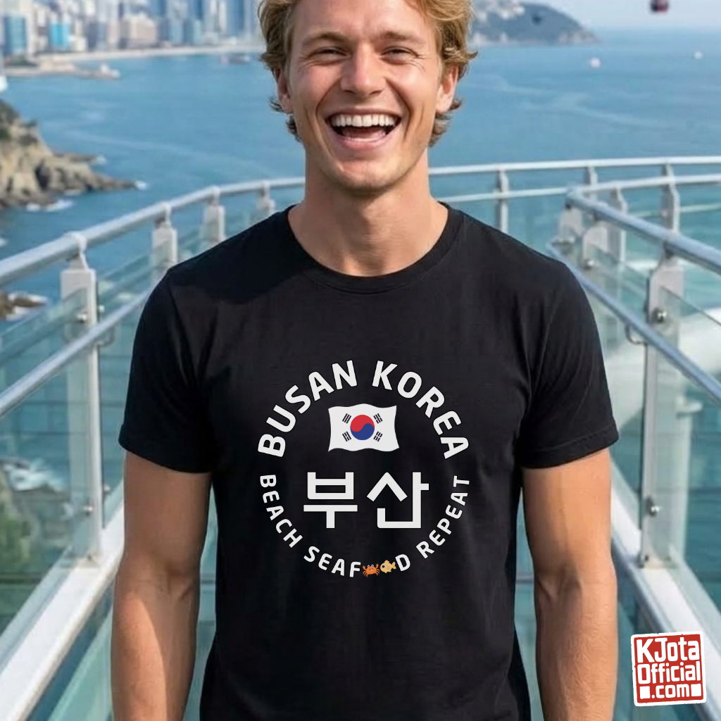 man wearing Busan Korea 부산 beach seafood repeat travel t-shirt black by K-Jota