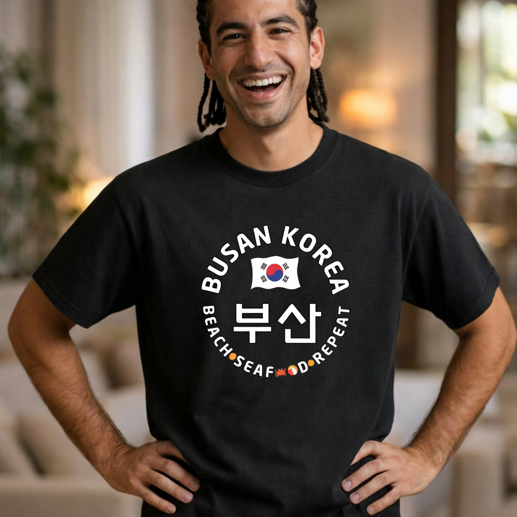 man wearing Busan Korea beach seafood repeat travel t-shirt black by K-Jota