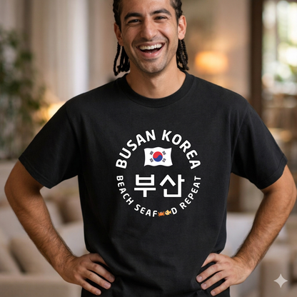 man wearing Busan Korea beach seafood repeat travel t-shirt black by Kjota