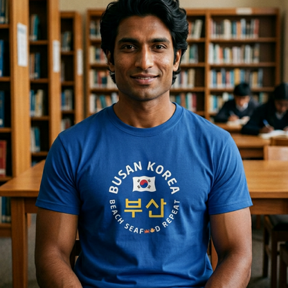 man wearing Busan Korea beach seafood repeat travel t-shirt blue by K-Jota