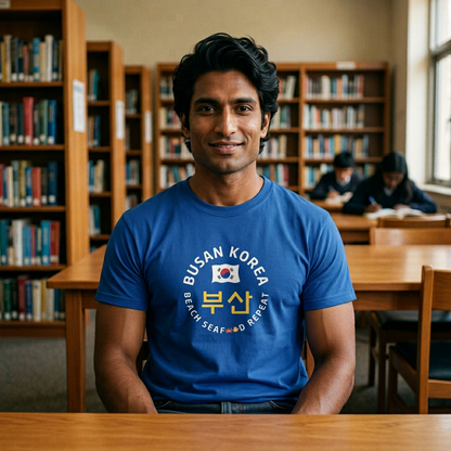 man wearing Busan Korea beach seafood repeat travel t-shirt blue by Kjota