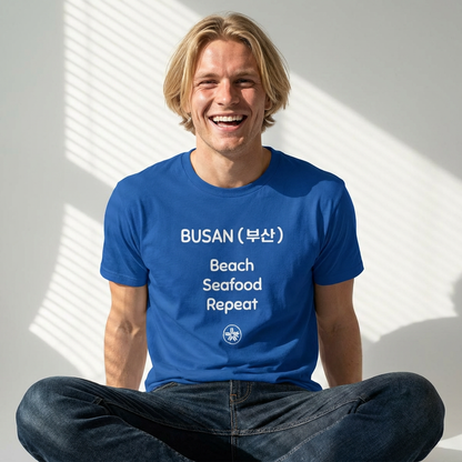 man wearing Busan Korea beach seafood repeat travel t-shirt blue