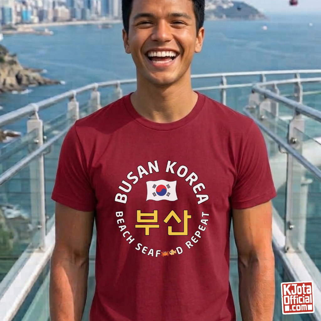 man wearing Busan Korea 부산 beach seafood repeat travel t-shirt red by K-Jota