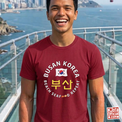 man wearing Busan Korea 부산 beach seafood repeat travel t-shirt red by K-Jota