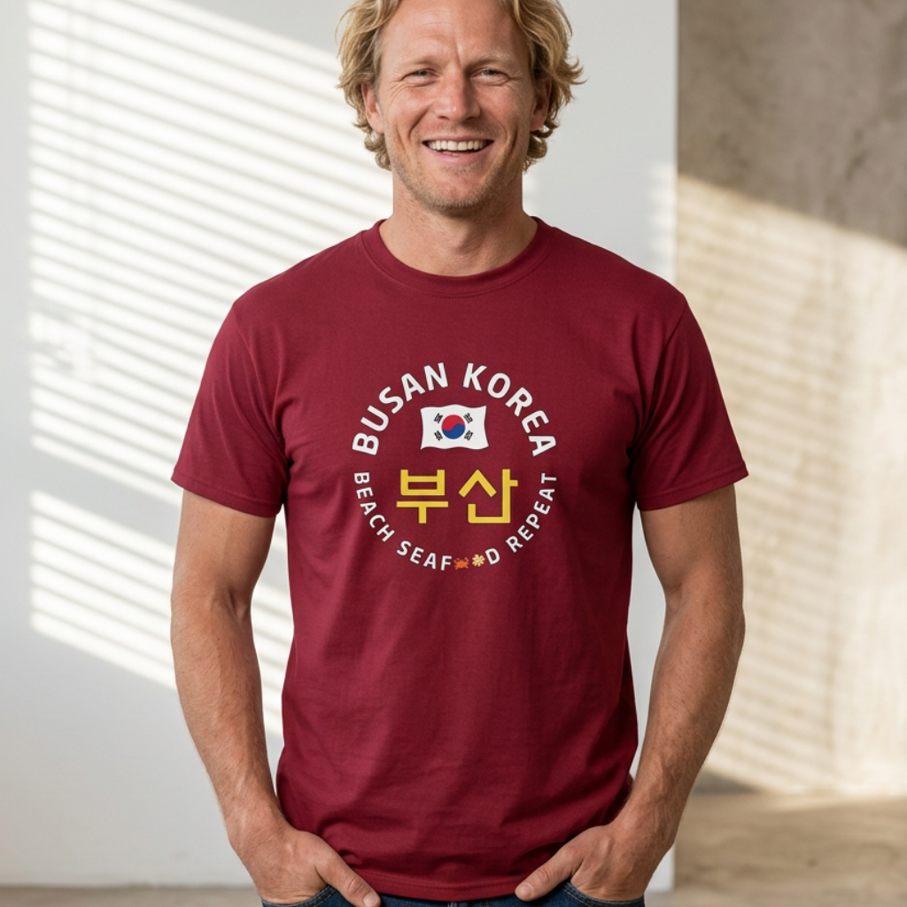 man wearing Busan Korea beach seafood repeat travel t-shirt red by K-Jota