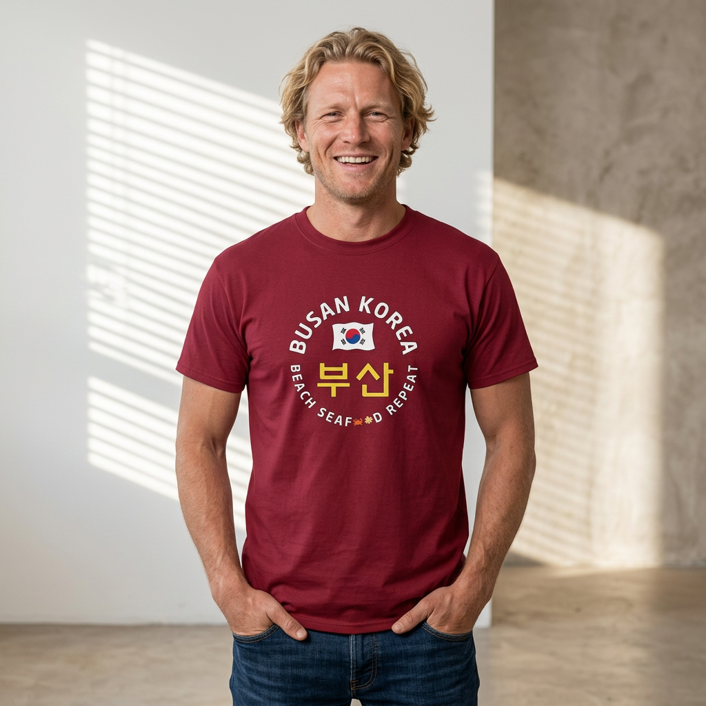 man wearing Busan Korea beach seafood repeat travel t-shirt red by Kjota