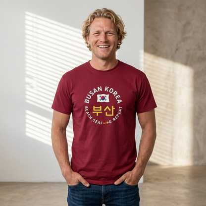 man wearing Busan Korea beach seafood repeat travel t-shirt red by Kjota