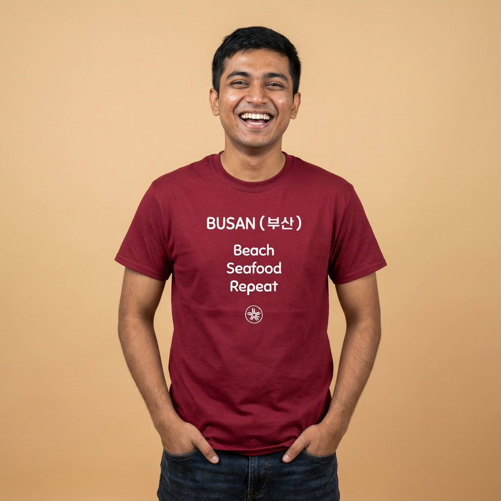 man wearing Busan Korea beach seafood repeat travel t-shirt red