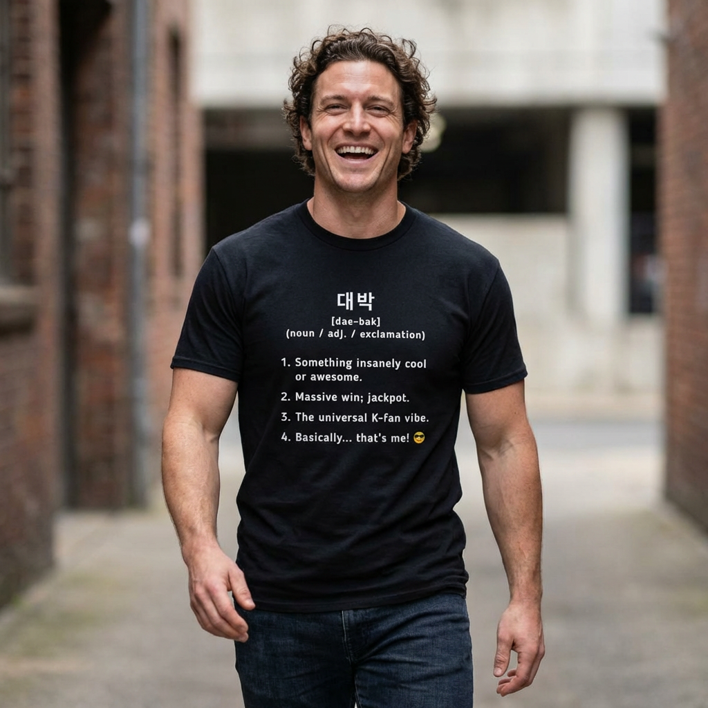 Daebak 대박 Korean slang Hangeul text definition meaning awesome or amazing man wearing black t-shirt by Kjota