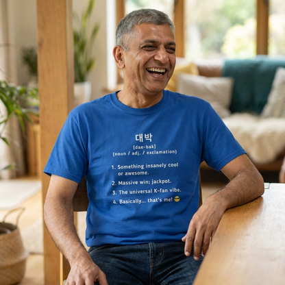 Daebak 대박 Korean slang Hangeul text definition meaning awesome or amazing man wearing blue t-shirt by Kjota