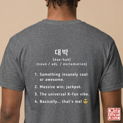 man wearing a gray short-sleeve T-shirt shown from the back with white printed Korean text and a dictionary-style definition of Daebak 대박 Korean slang. K-fandom merch by K-Jota