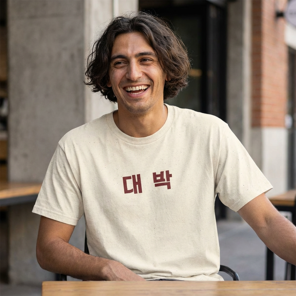 man wearing Daebak 대박 Korean Hangeul text beige t-shirt by Kjota