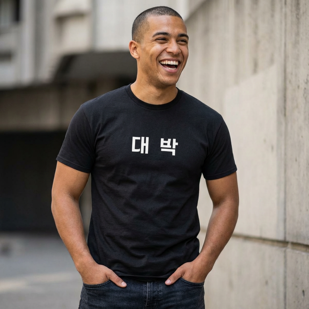 man wearing Daebak 대박 Korean Hangeul text black t-shirt by Kjota