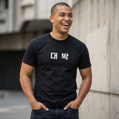 man wearing Daebak 대박 Korean Hangeul text black t-shirt by Kjota