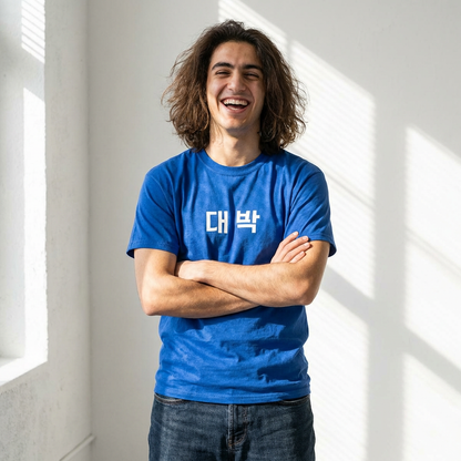 man wearing Daebak 대박 Korean Hangeul text blue t-shirt by Kjota