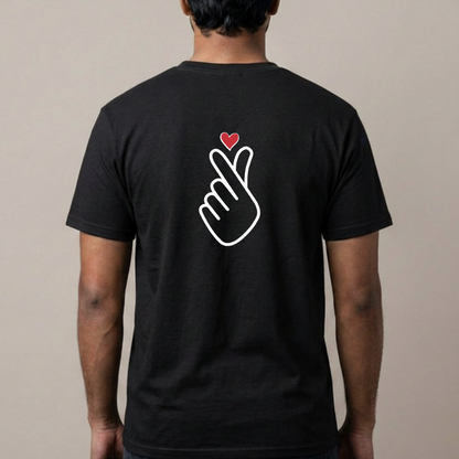man wearing finger heart Korean saranghaeyo I love you K-pop Hallyu fan t-shirt backside black by Kjota