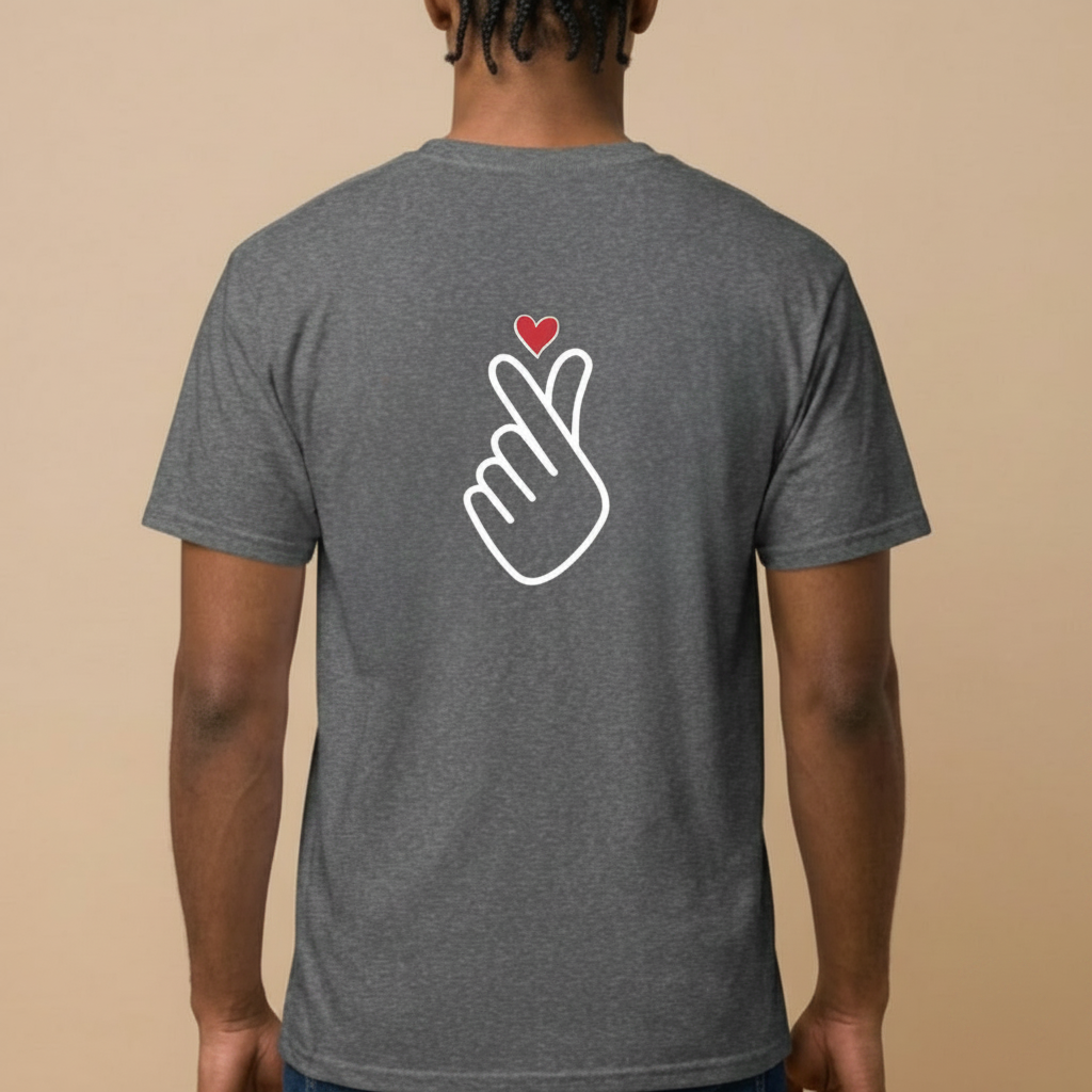 man wearing finger heart Korean saranghaeyo I love you K-pop Hallyu fan t-shirt backside gray by Kjota