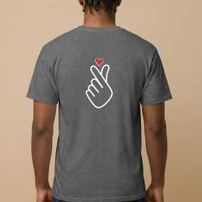 man wearing finger heart Korean saranghaeyo I love you K-pop Hallyu fan t-shirt backside gray by Kjota