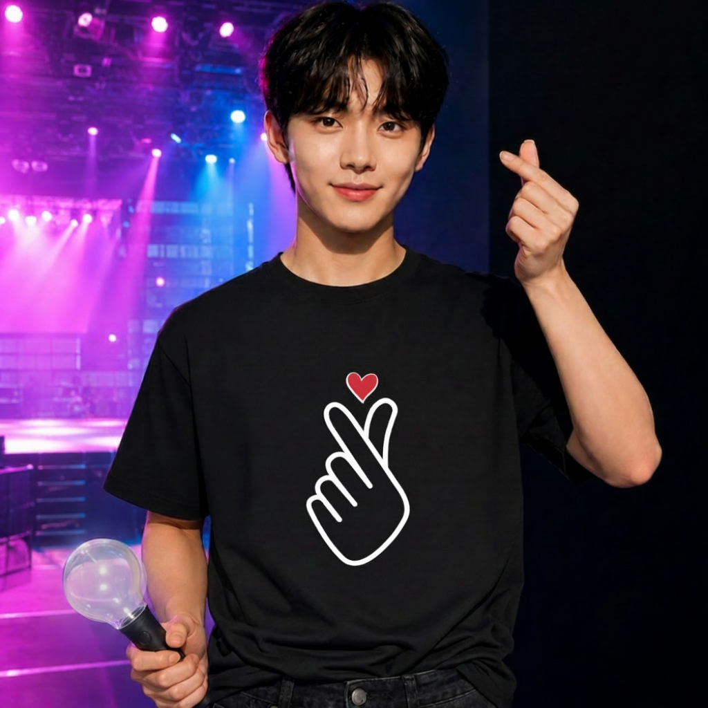 man wearing finger heart Korean saranghaeyo I love you K-pop Hallyu fan t-shirt black by K-Jota and making finger heart gesture in one hand and holding a light stick in the other at a concert venue